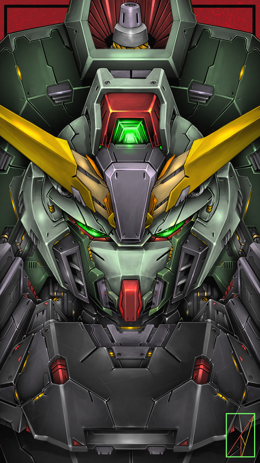 absurdres, artist_logo, denjyou23, forbidden_gundam, green_eyes, gundam, gundam_seed, highres