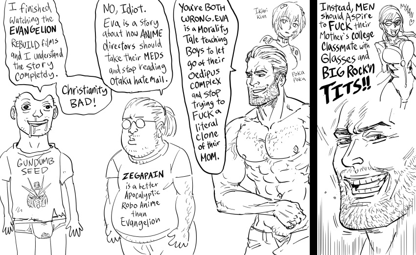 2girls, 3boys, ayanami_rei, bb_(baalbuddy), drooling, english_commentary, english_text, facial_hair, gigachad_(meme), glasses, gundam, gundam_seed, heart, highres, makinami_mari_illustrious, multiple_boys, multiple_girls, muscular, muscular_male, neon_genesis_evangelion, rebuild_of_evangelion, shirt, short_ponytail, simple_background, speech_bubble, underwear, white_background