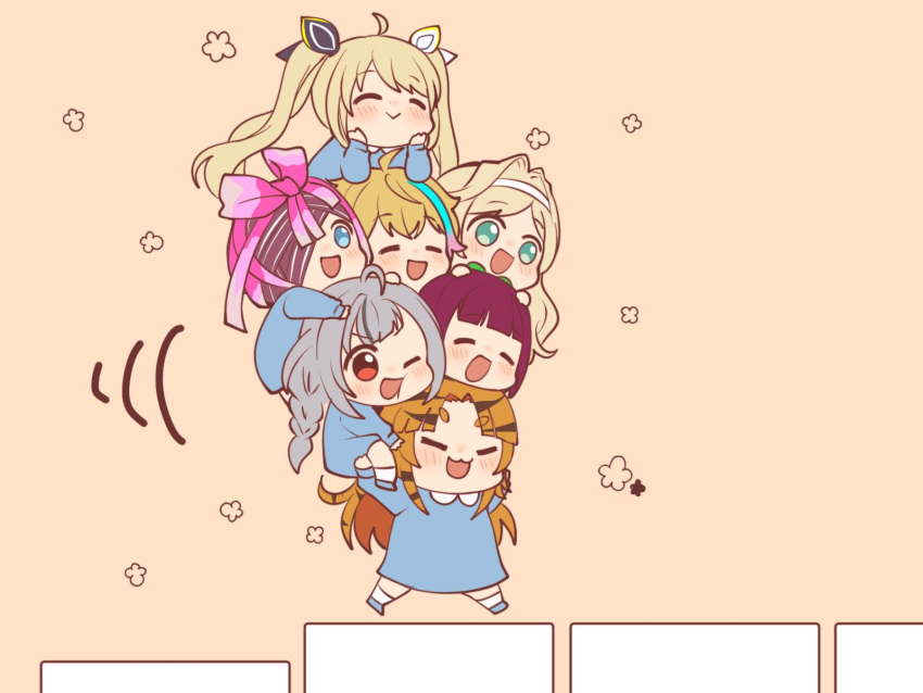1boy, 6+girls, :3, ^_^, angon623, animal_print, blue_eyes, blue_hair
