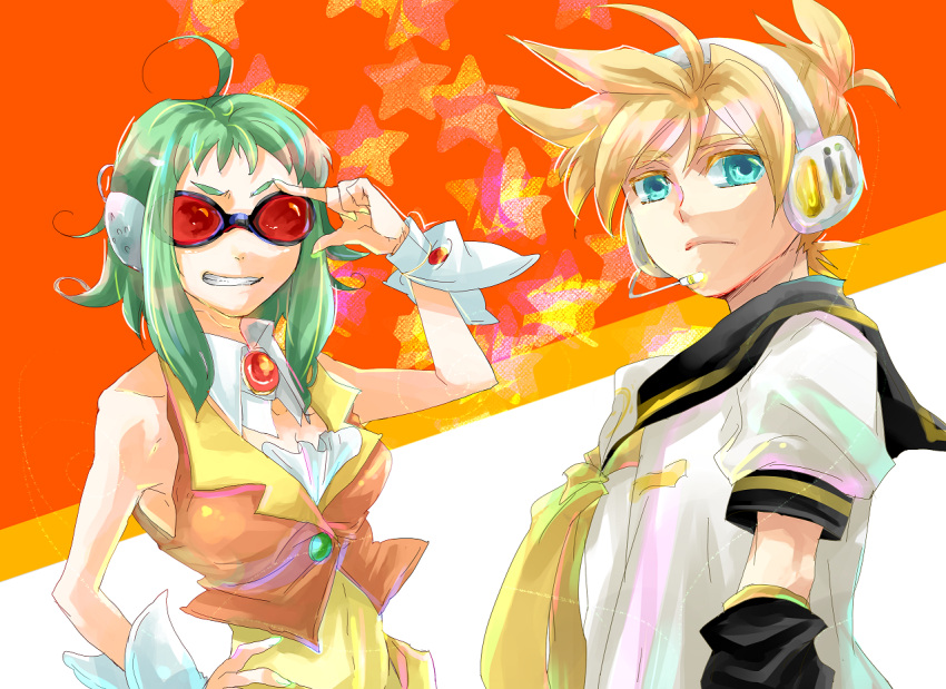ahoge, aqua_eyes, blonde_hair, goggles, green_hair, grin, gumi, headphones