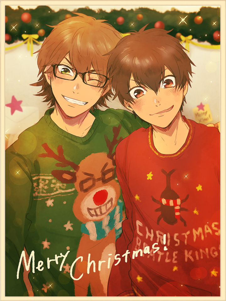 >_o, 2boys, ace_of_diamond, blush, brown_eyes, brown_hair, christmas, christmas_ornaments