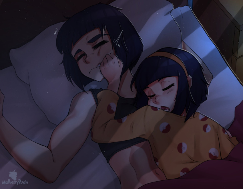 2girls, abs, accidental_touch, artist_logo, artist_name, bangs, bed, bed_sheet