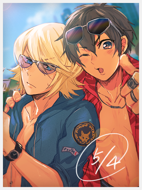>_o, 2boys, :o, ace_of_diamond, blonde_hair, blue_eyes, brown_eyes, brown_hair