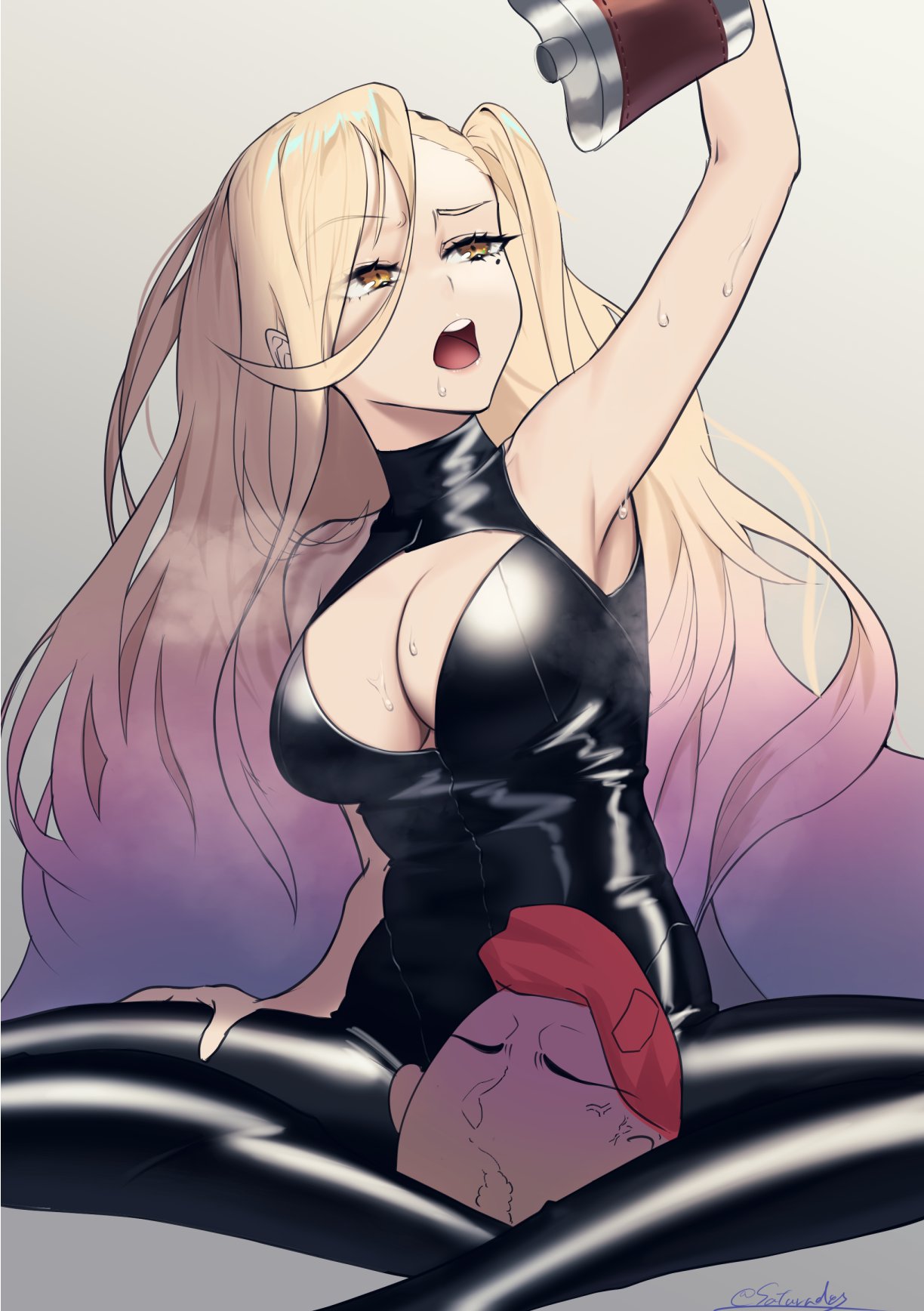 1boy, 1girl, a-91_(girls'_frontline), blonde_hair, breasts, commander_(girls'_frontline), girls_frontline, gradient_hair