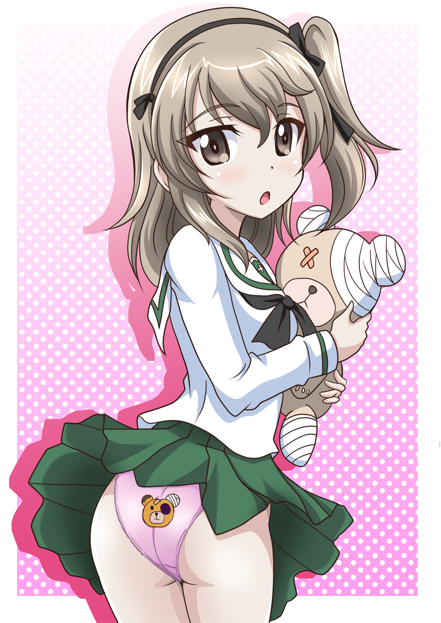 1girl, :o, animal_print, ass, back-print_panties, bandages, bangs, bear_print, black_neckwear, black_ribbon, blouse, boko_(girls_und_panzer), border, brown_eyes, clothes_lift, commentary, cowboy_shot, crotch_seam, eyebrows_visible_through_hair, from_behind, girls_und_panzer, green_skirt, hair_ribbon, hanzou, highres, holding, holding_stuffed_toy, light_brown_hair, long_hair, long_sleeves, looking_at_viewer, looking_back, miniskirt, neckerchief, one_side_up, ooarai_school_uniform, open_mouth, outside_border, panties, pantyshot, pink_background, pleated_skirt, polka_dot, polka_dot_background, print_panties, ribbon, sailor_collar, school_uniform, serafuku, shadow, shimada_arisu, skirt, skirt_lift, solo, standing, stuffed_animal, stuffed_toy, teddy_bear, underwear, white_blouse, white_border, white_sailor_collar, wind, wind_lift