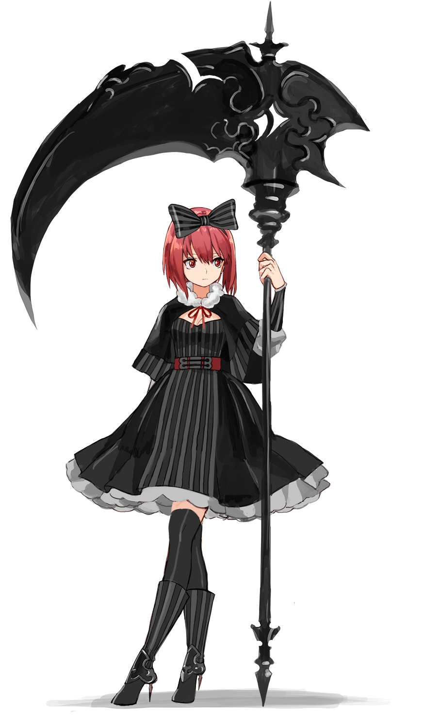 1girl, alternate_costume, black_bow, black_capelet, black_dress, black_footwear, black_legwear, boots