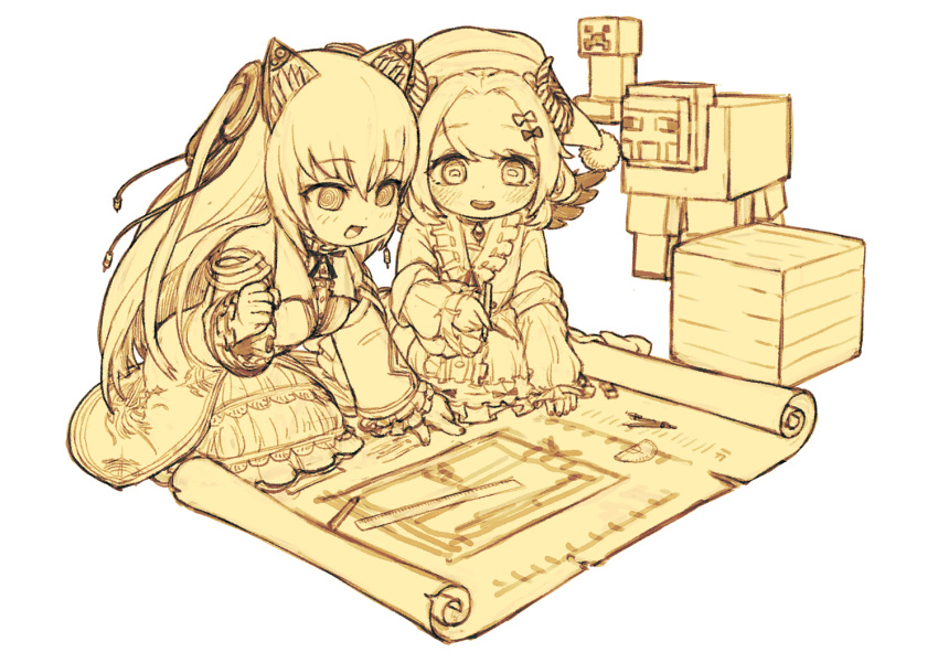 2girls, @_@, animal_ears, arm_support, bangs, blueprint, blush, bow