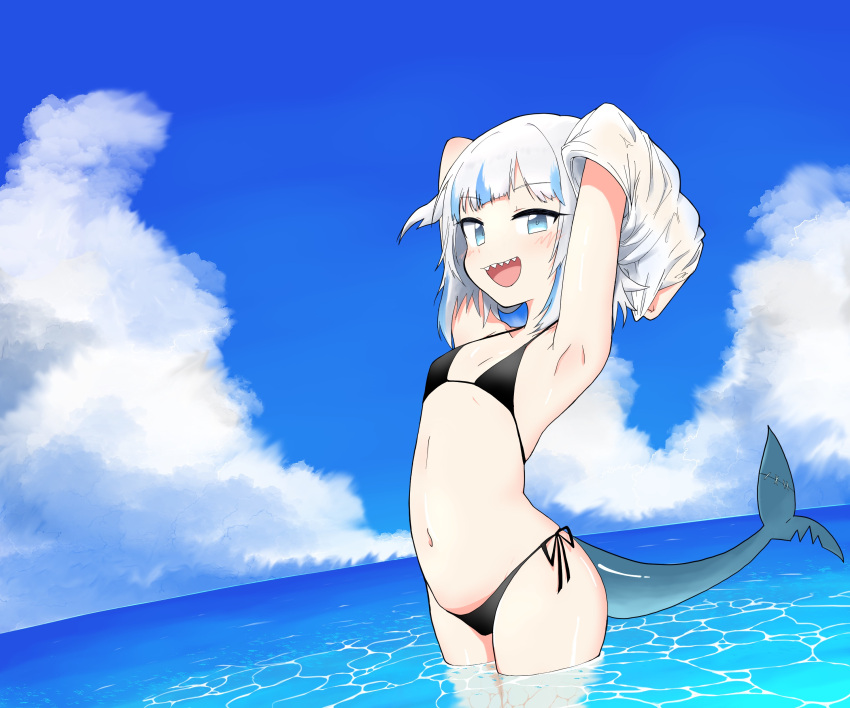 1girl, absurdres, armpits, arms_up, bangs, belly, bikini, black_bikini