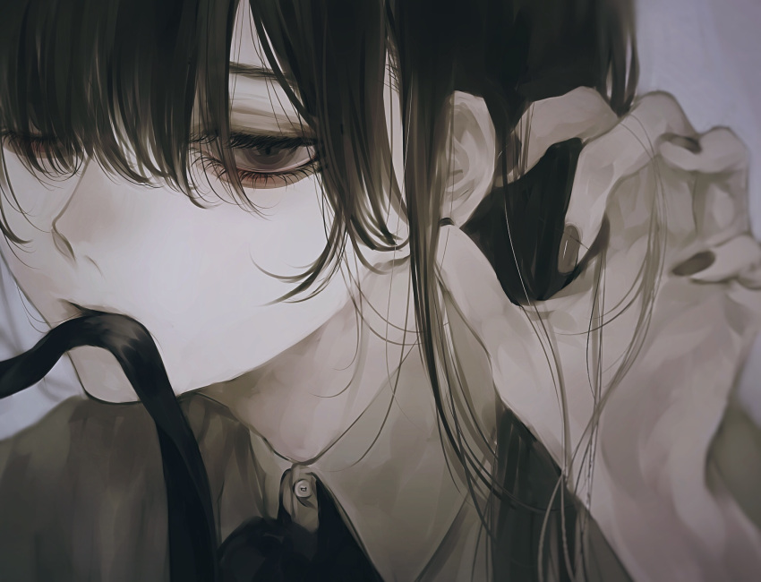 1boy, bags_under_eyes, bangs, bishounen, black_eyes, black_hair, black_nails, close-up