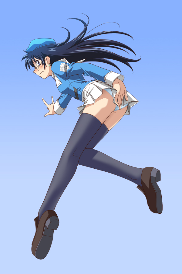 adult, black_hair, blush, covering, covering_ass, earrings, flying, glasses