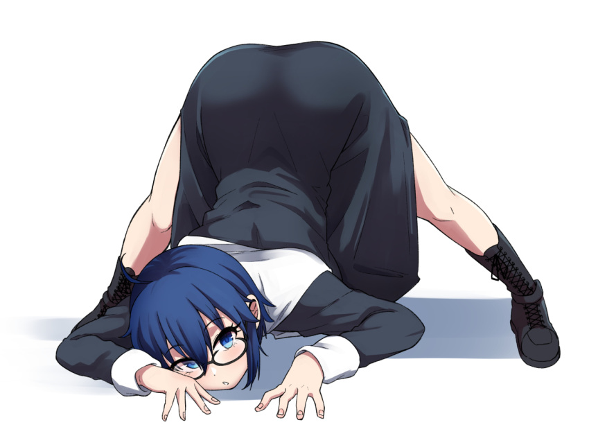 1girl, ahoge, all_fours, ankle_boots, ass, bangs, bare_legs, bent_over, black-framed_eyewear, black_dress, black_footwear, blue_eyes, blue_hair, blush, boots, ciel_(tsukihime), combat_boots, dress, english_commentary, full_body, glasses, ishii_takuma, jack-o'_challenge, legs_apart, long_dress, looking_at_viewer, meme, nun, parted_lips, semi-rimless_eyewear, shadow, short_hair, sidelocks, simple_background, sleeve_cuffs, solo, top-down_bottom-up, tsukihime, tsukihime_(remake), under-rim_eyewear, white_background