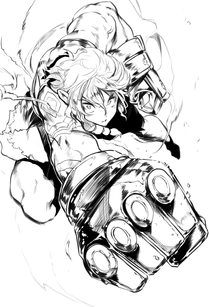 1girl, absurdres, commentary_request, commission, foreshortening, gauntlets, greyscale, hair_between_eyes