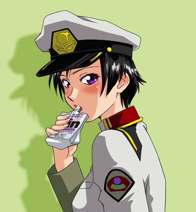 blush, drinking, gundam, gundam_seed, gundam_seed_destiny, hat, juice, kazemal, lips, military, military_cap, military_uniform, natarle_badgiruel, purple_eyes, short_hair, solo, sucking, uniform, violet_eyes