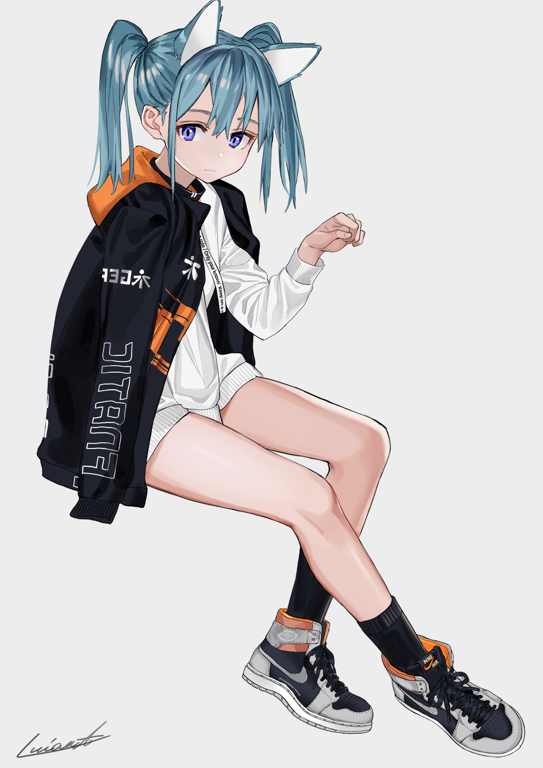 1girl, air_jordan, animal_ears, between_legs, black_jacket, black_legwear, blue_hair, cat_ears, closed_mouth, fingernails, fnatic, from_side, full_body, hand_between_legs, highres, invisible_chair, jacket, jacket_on_shoulders, long_sleeves, looking_at_viewer, looking_to_the_side, luicent, medium_hair, open_clothes, open_jacket, original, paw_pose, shoes, signature, simple_background, sitting, sneakers, socks, solo, sweater, twintails, violet_eyes, white_background, white_sweater