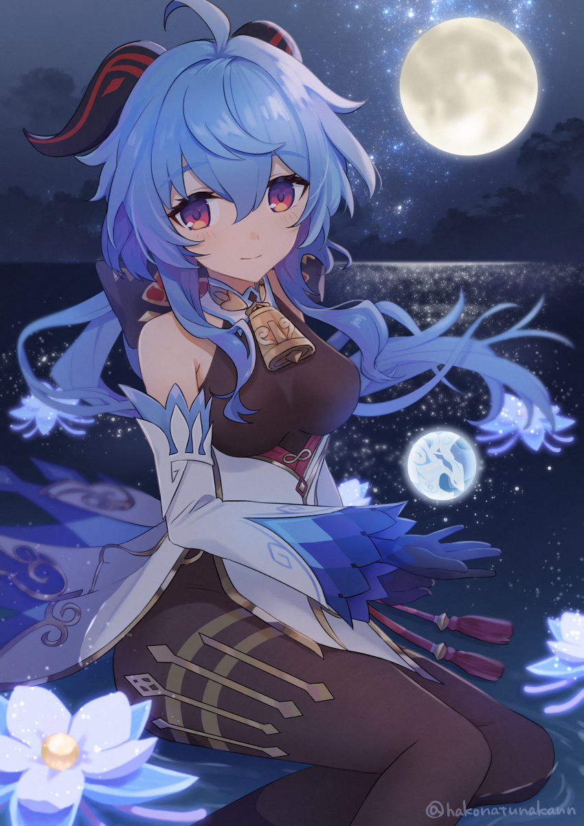 absurdres, ahoge, bangs, bare_shoulders, bell, blue_hair, breasts, detached_sleeves, eyebrows_visible_through_hair, flower, full_moon, funami_(hakonatunakann), ganyu_(genshin_impact), genshin_impact, gloves, gold_trim, highres, horns, huge_filesize, long_hair, looking_at_viewer, medium_breasts, moon, multicolored, multicolored_eyes, neck_bell, night, orb, sidelocks, sitting, sky, star_(sky), starry_sky, white_sleeves