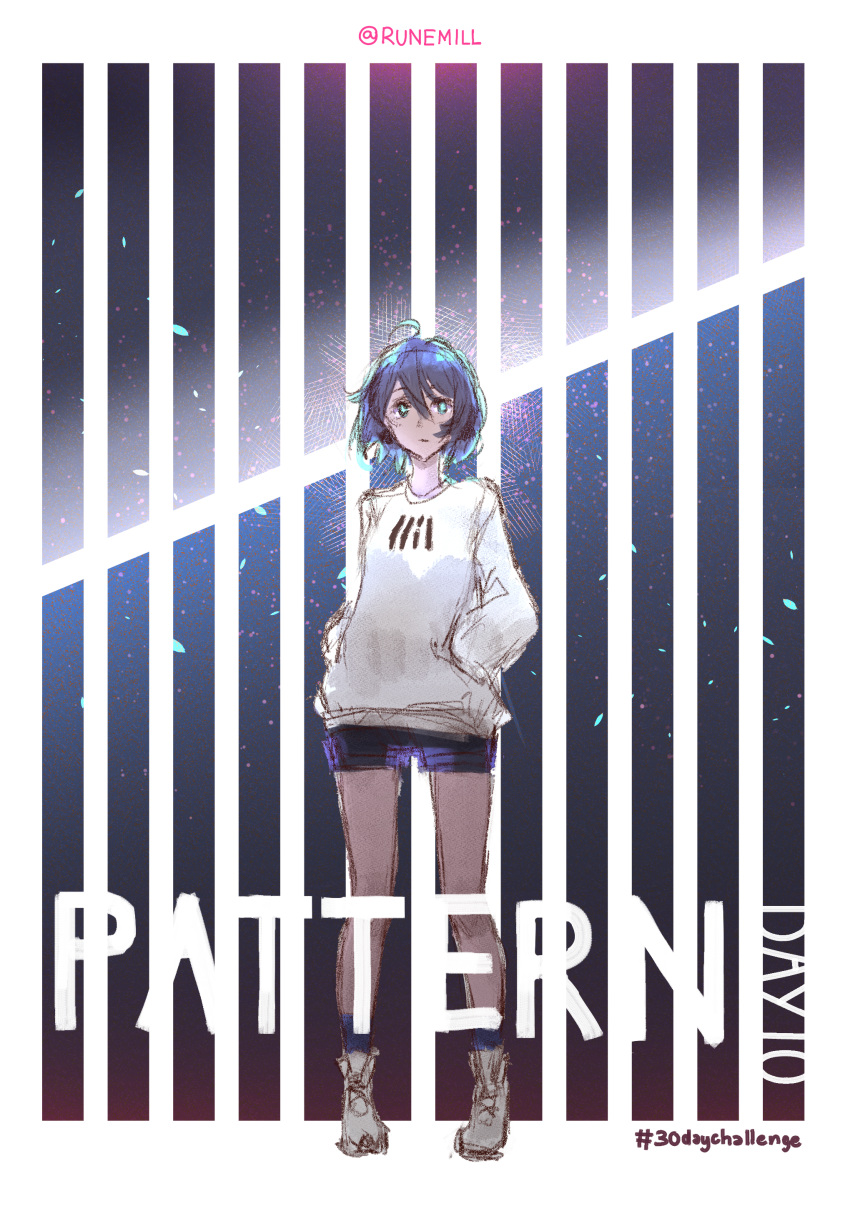 1girl, absurdres, ahoge, ankle_boots, blue_hair, boots, border, closed_mouth