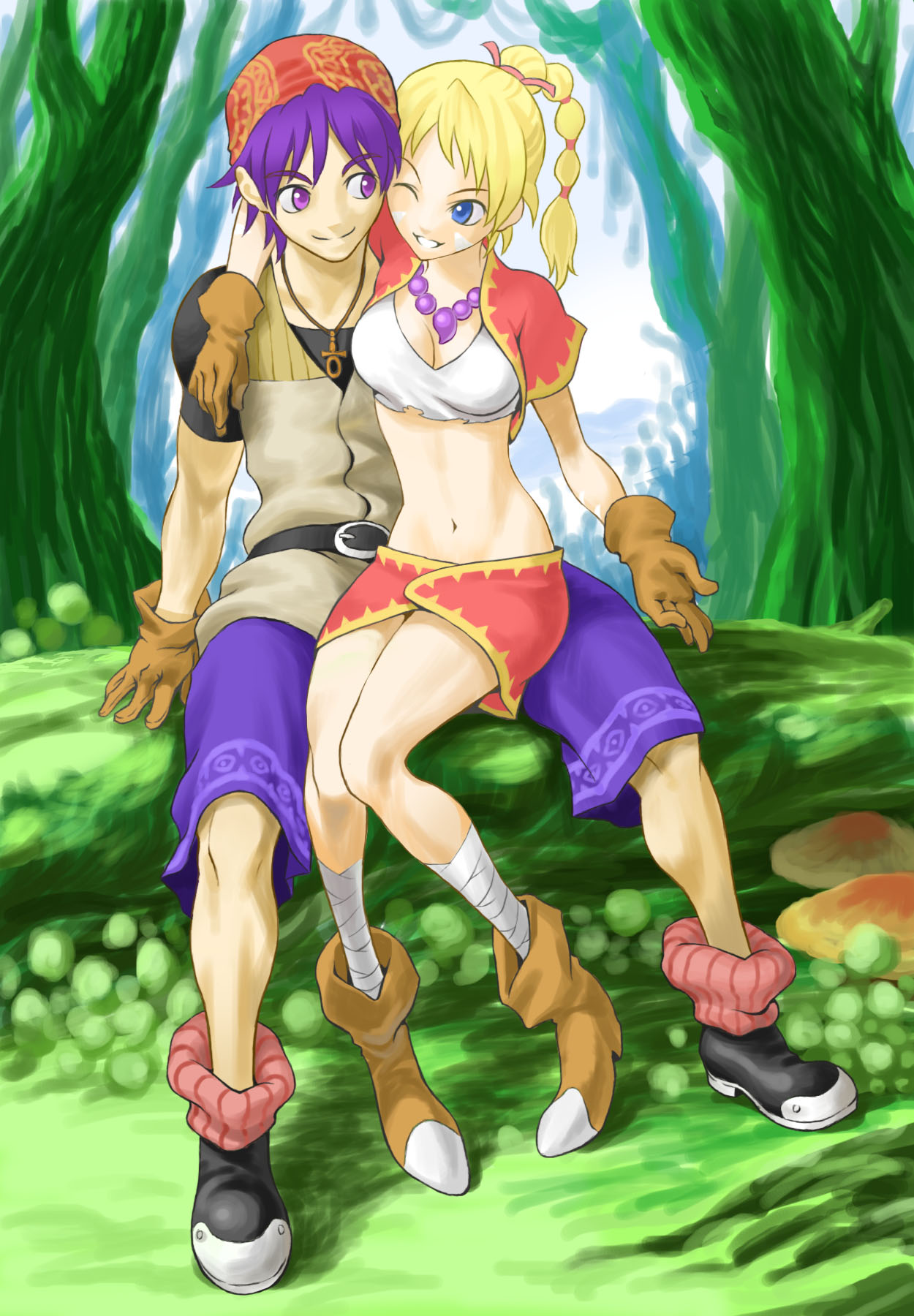 bandana, belt, blonde_hair, blue_eyes, boots, braid, chrono_cross, couple