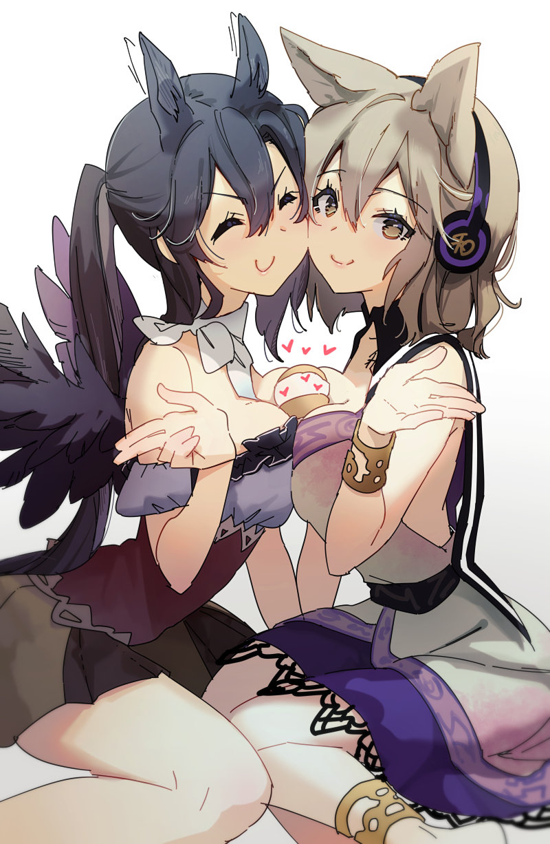 2girls, animal_ears, anklet, bandana, bangs, bare_shoulders, beige_shirt, between_breasts