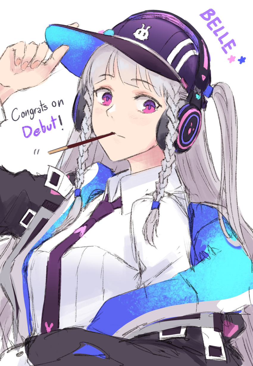 1girl, absurdres, adjusting_clothes, adjusting_headwear, black_jacket, closed_mouth, collared_shirt, congratulations, ec19_projekt, food, grey_hair, hand_up, hat, headphones, highres, jacket, long_hair, long_sleeves, looking_at_viewer, mouth_hold, necktie, off_shoulder, one_side_up, pocky, purple_headwear, purple_neckwear, runemill, sanpaku, shirt, side_braids, simple_background, solo, upper_body, violet_eyes, virtual_youtuber, white_background, white_shirt, wing_collar