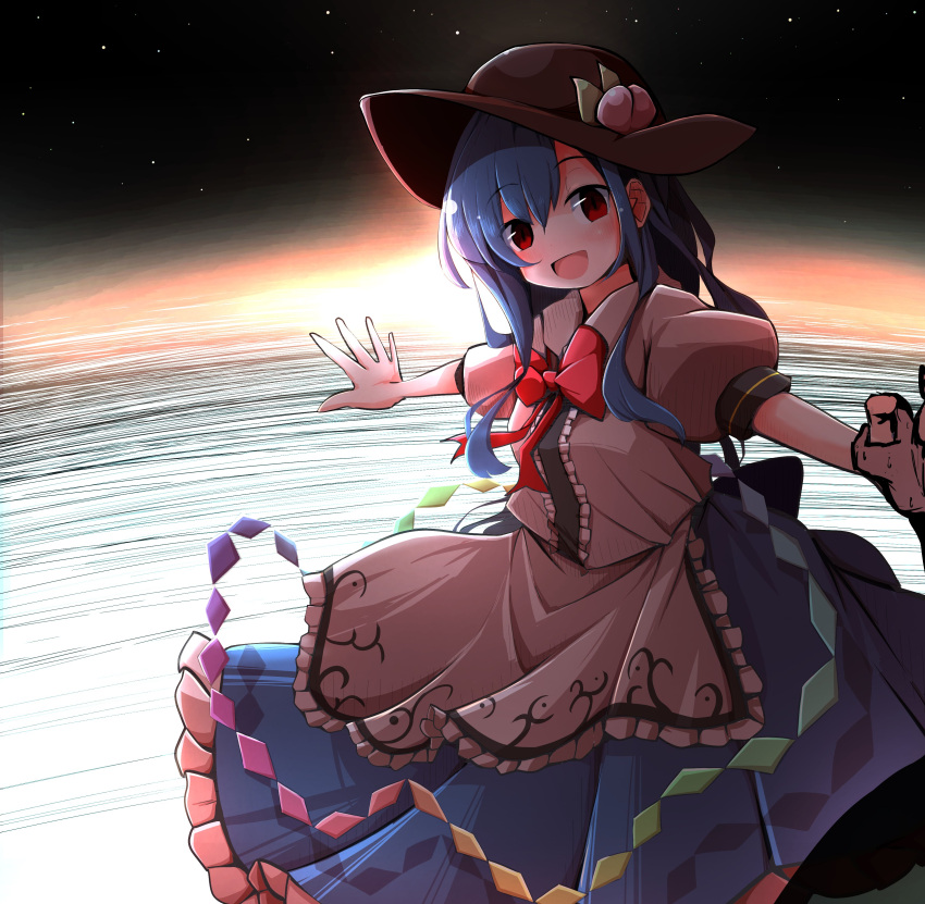 1girl, :d, absurdres, bangs, black_headwear, blouse, blue_hair, blue_skirt