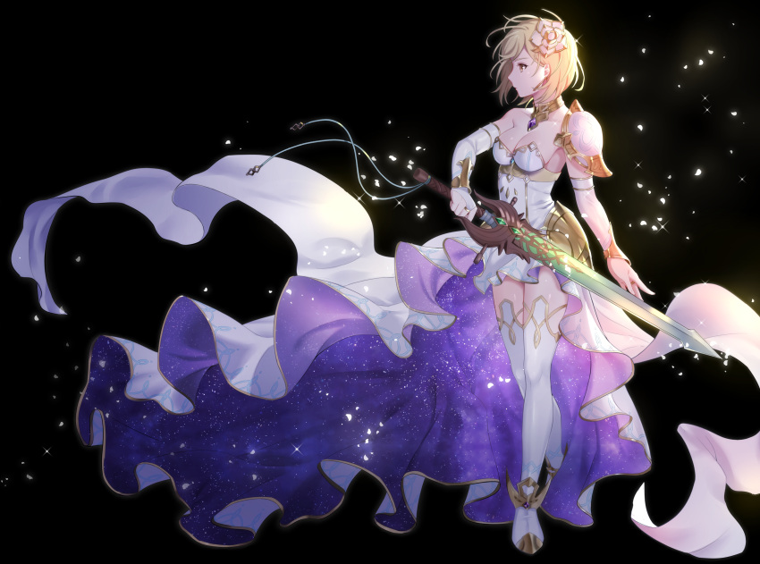 1girl, absurdres, armor, bangs, blonde_hair, breasts, djeeta_(granblue_fantasy), dress