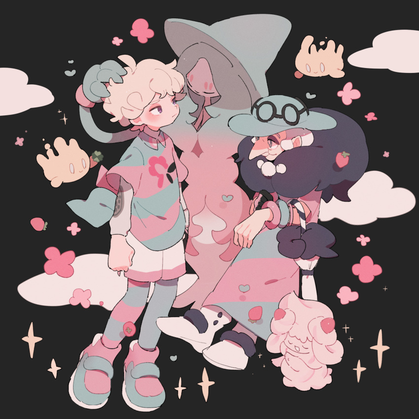 1boy, 1girl, ahoge, alcremie, alcremie_(strawberry_sweet), bangle, bangs, bede_(pokemon)
