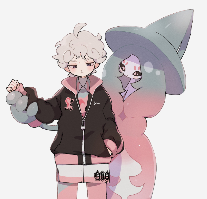 1boy, ahoge, bangs, bede_(pokemon), blush, closed_mouth, commentary_request, curly_hair, gen_8_pokemon, grey_hair, hand_in_pocket, hand_up, hatterene, highres, jacket, long_sleeves, looking_down, male_focus, nodori710, number, pokemon, pokemon_(creature), pokemon_(game), pokemon_swsh, short_hair, shorts, side_slit, side_slit_shorts, simple_background, white_background, zipper_pull_tab