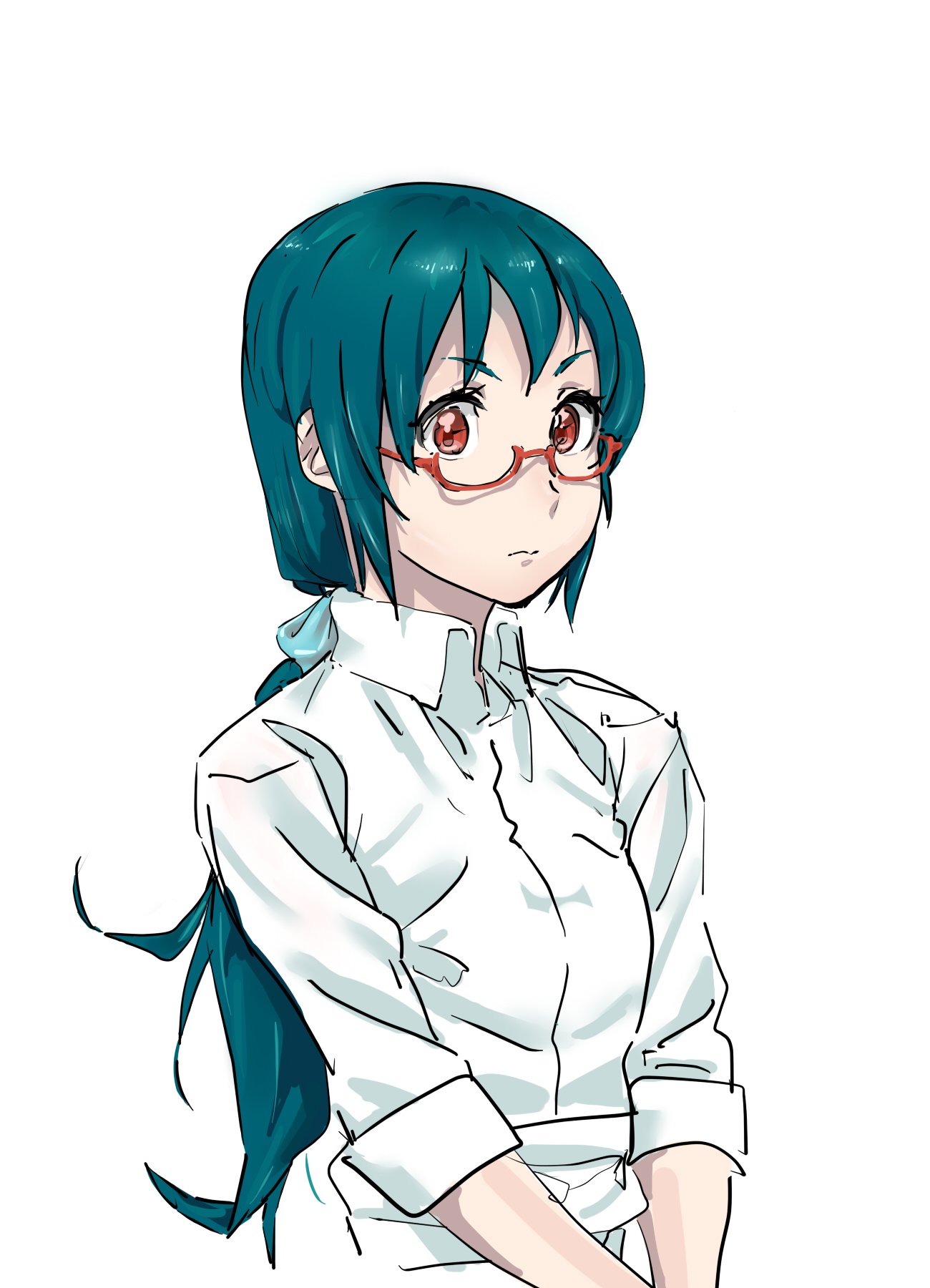 1girl, blue_hair, closed_mouth, collared_shirt, copyright_request, highres, long_hair, looking_at_viewer, low_ponytail, mikazukisou, ponytail, red_eyes, semi-rimless_eyewear, shirt, simple_background, solo, under-rim_eyewear, white_background, white_shirt, wing_collar