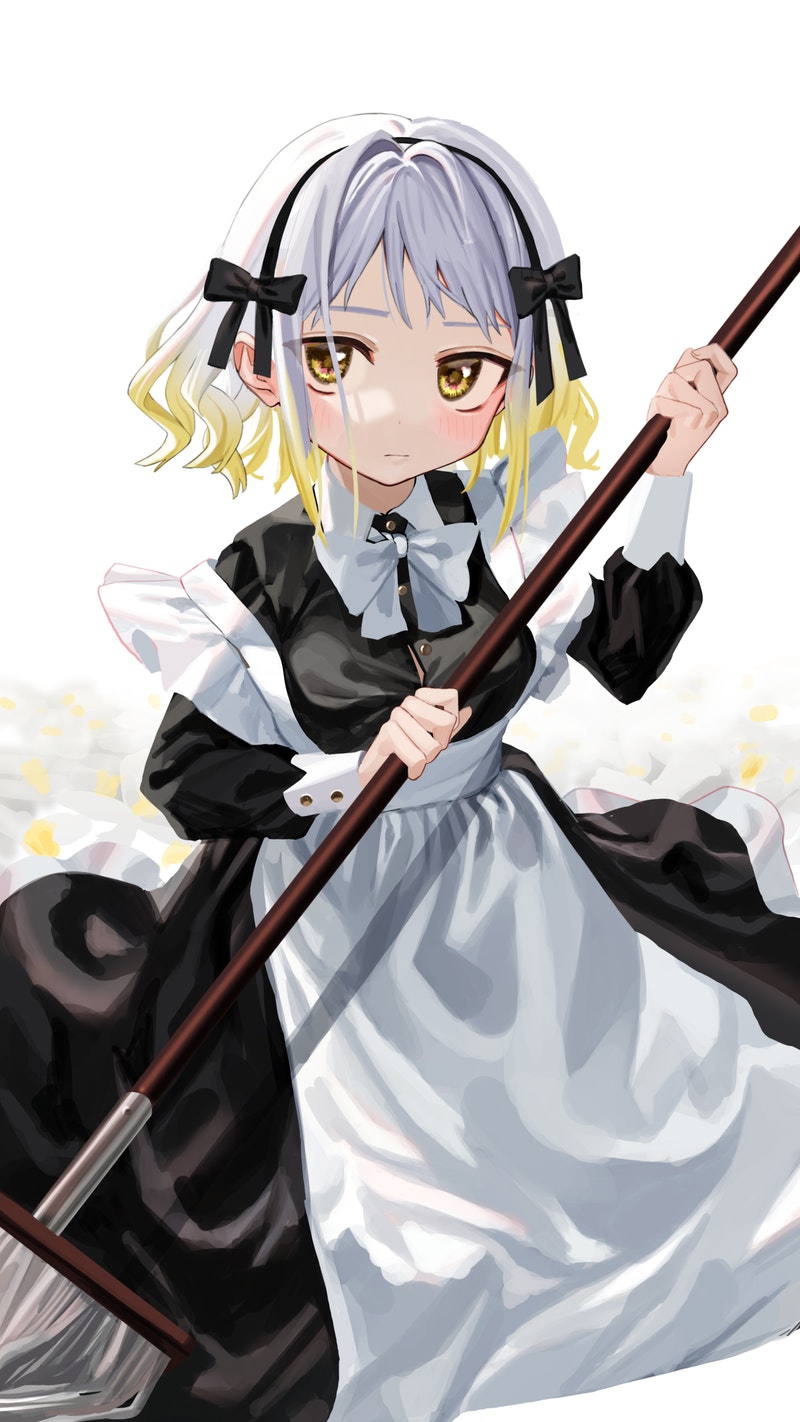 1girl, 447_records, alternate_costume, apron, black_bow, black_dress, blonde_hair, blush