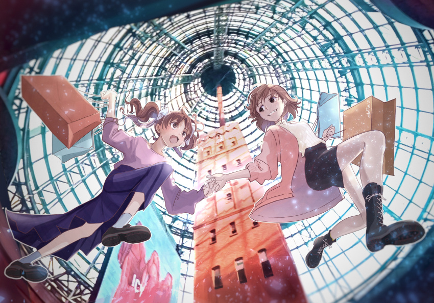 2girls, absurdres, alternate_costume, astuffds, bag, beige_coat, black_skirt, blue_skirt, blush, boots, brown_eyes, brown_hair, coat, commentary, full_body, grin, hair_ornament, hair_ribbon, happy, highres, holding_hands, jumping, long_skirt, melbourne, misaka_mikoto, multiple_girls, open_mouth, photo_background, pink_shirt, real_world_location, ribbed_sweater, ribbon, shirai_kuroko, shirt, shoes, shopping, shopping_bag, shopping_district, skirt, smile, sweater, toaru_kagaku_no_railgun, toaru_majutsu_no_index, tower, twintails, white_ribbon, white_sweater
