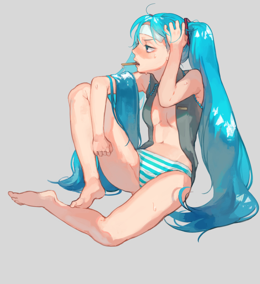 1girl, bare_arms, bare_legs, bare_shoulders, barefoot, blue_eyes, blue_panties, blush