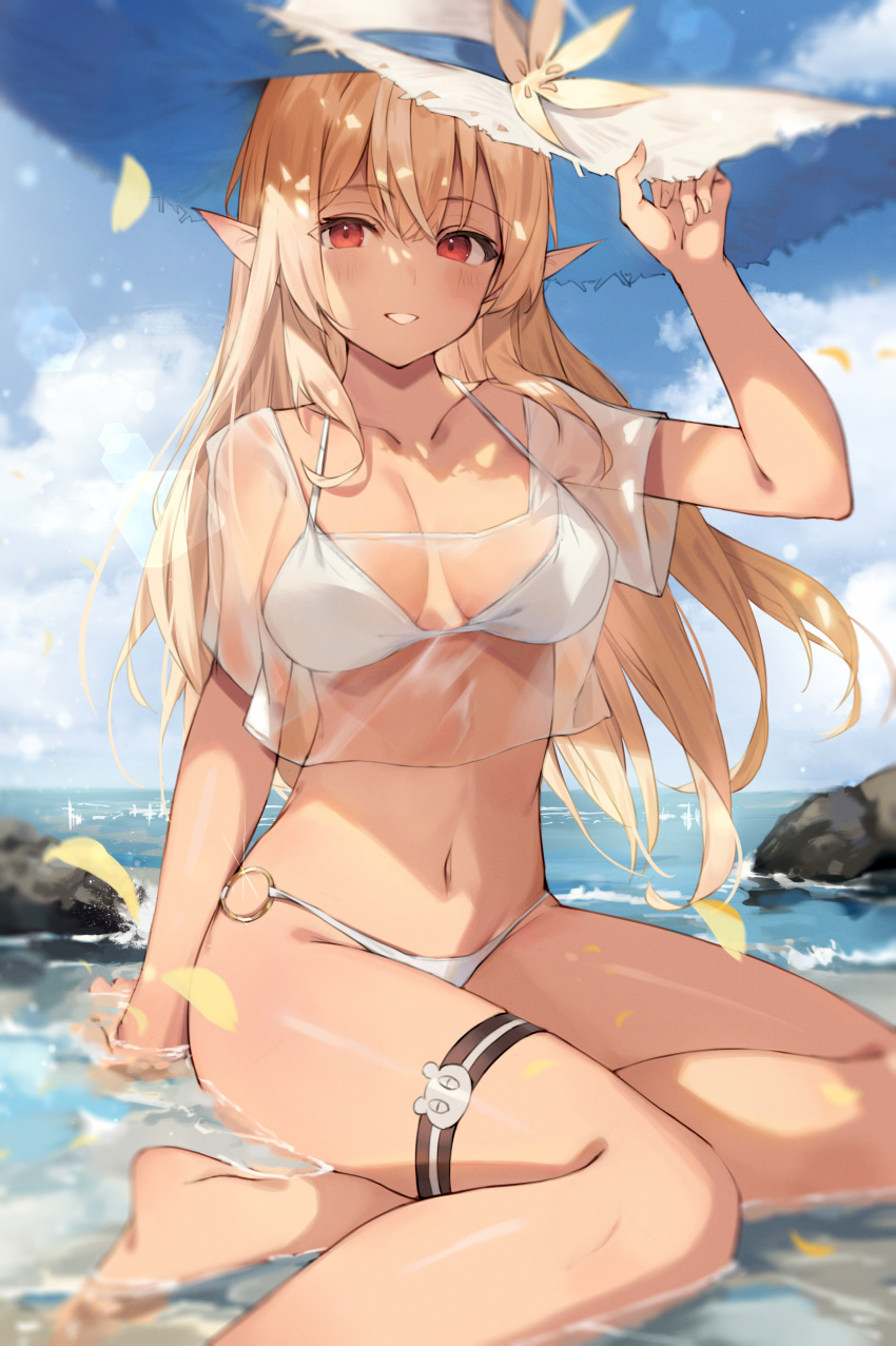 1girl, absurdres, bangs, beach, bikini, blonde_hair, blush, breasts