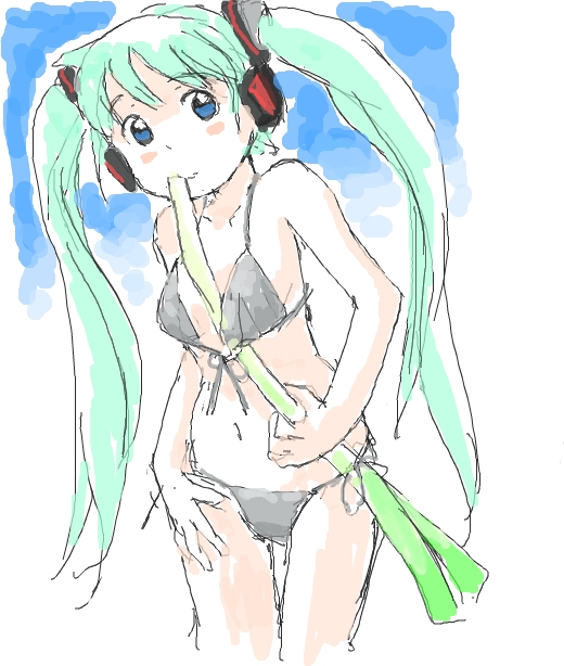 awatake_takahiro, bikini, blush, green_hair, hatsune_miku, leek, swimsuit, twintails