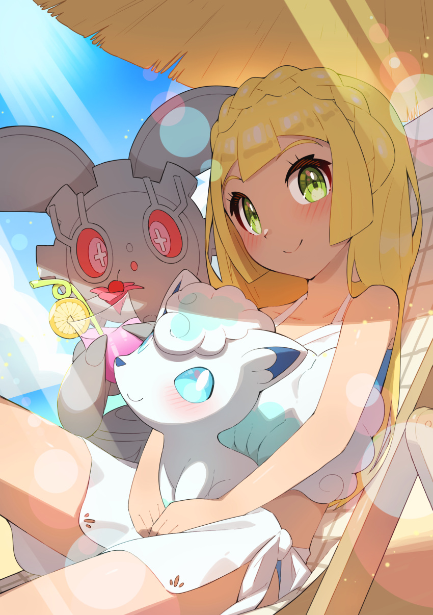 1girl, absurdres, alolan_form, alolan_vulpix, bangs, beach, blonde_hair, blush