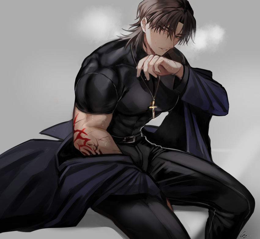 1boy, absurdres, black_pants, black_shirt, breath, brown_hair, coat, command_spell