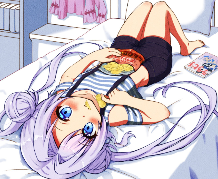 1girl, barefoot, bed, bedroom, black_shorts, blue_eyes, blush, book