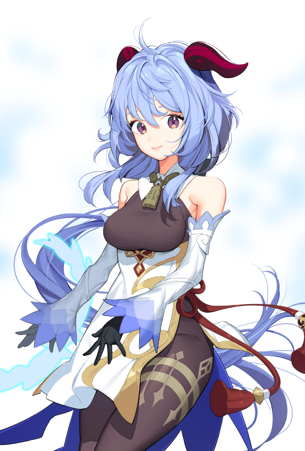 ahoge, bangs, bare_shoulders, bell, black_gloves, black_legwear, blue_hair, breasts