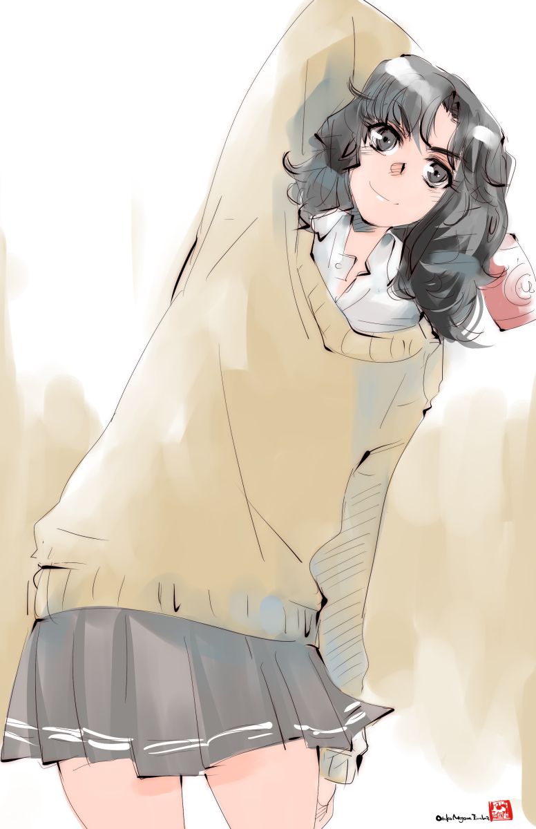 1girl, amagami, black_eyes, black_hair, highres, holding, kibito_high_school_uniform, messy_hair