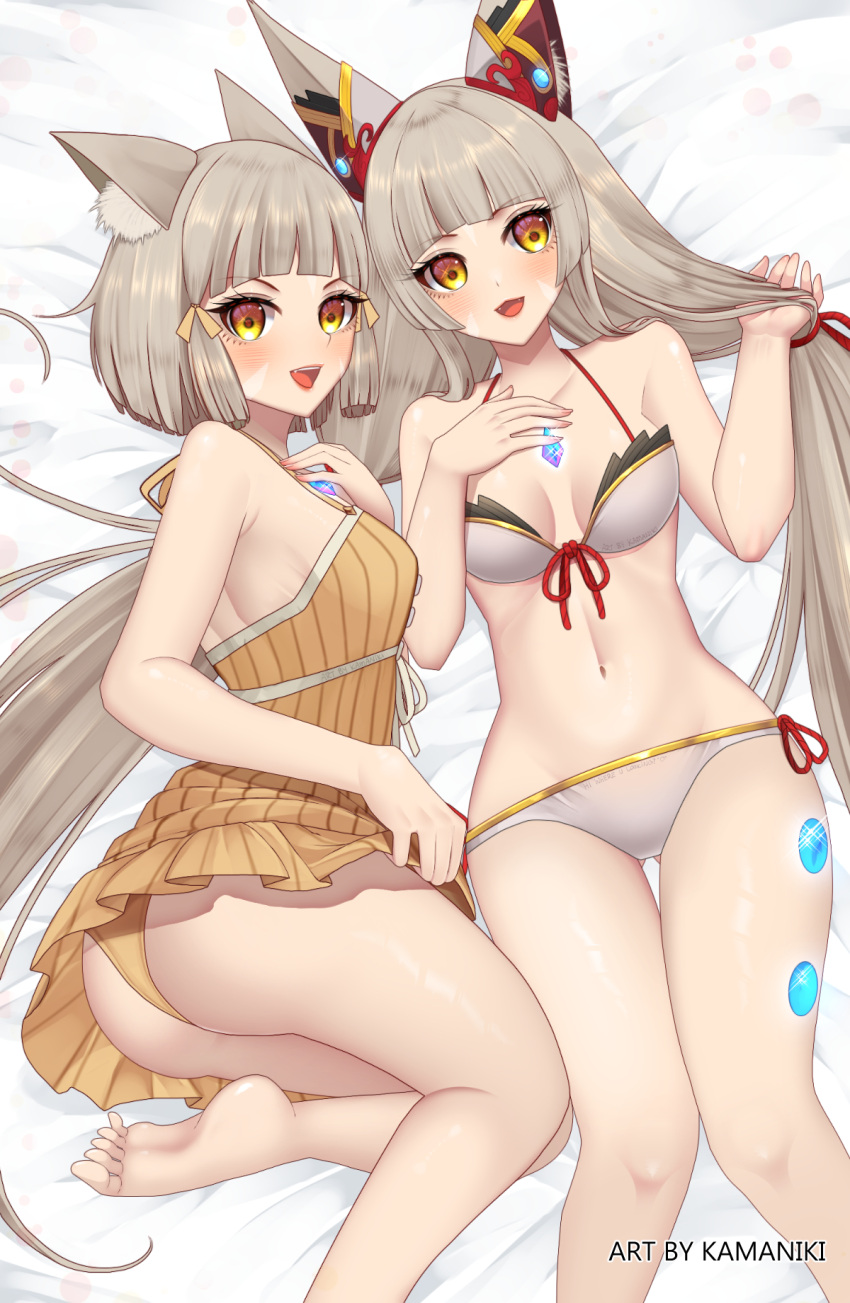 2girls, animal_ears, bangs, blunt_bangs, breasts, cat_ears, chest_jewel, dress_swimsuit