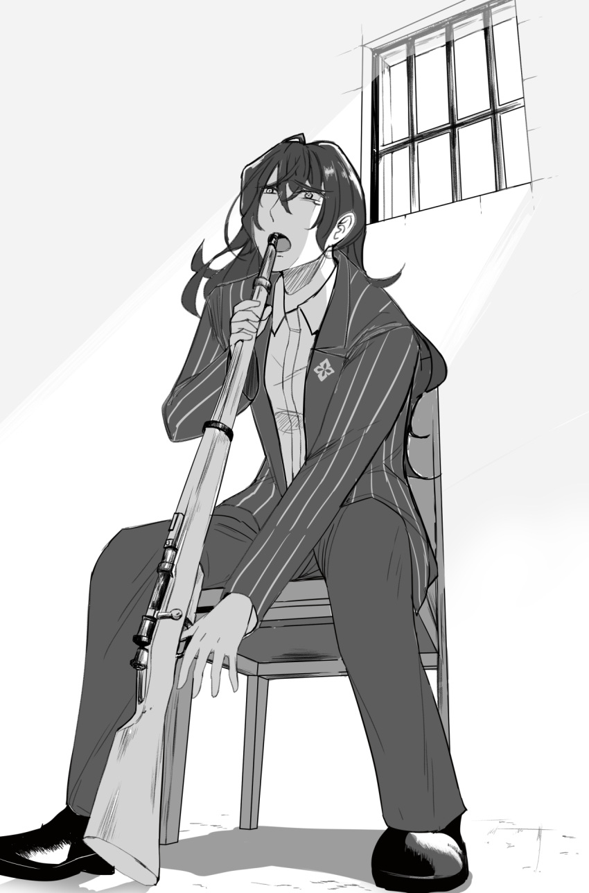 1girl, ashikaga_ryuunosuke, barred_window, bolt_action, collared_shirt, formal, greyscale, gun