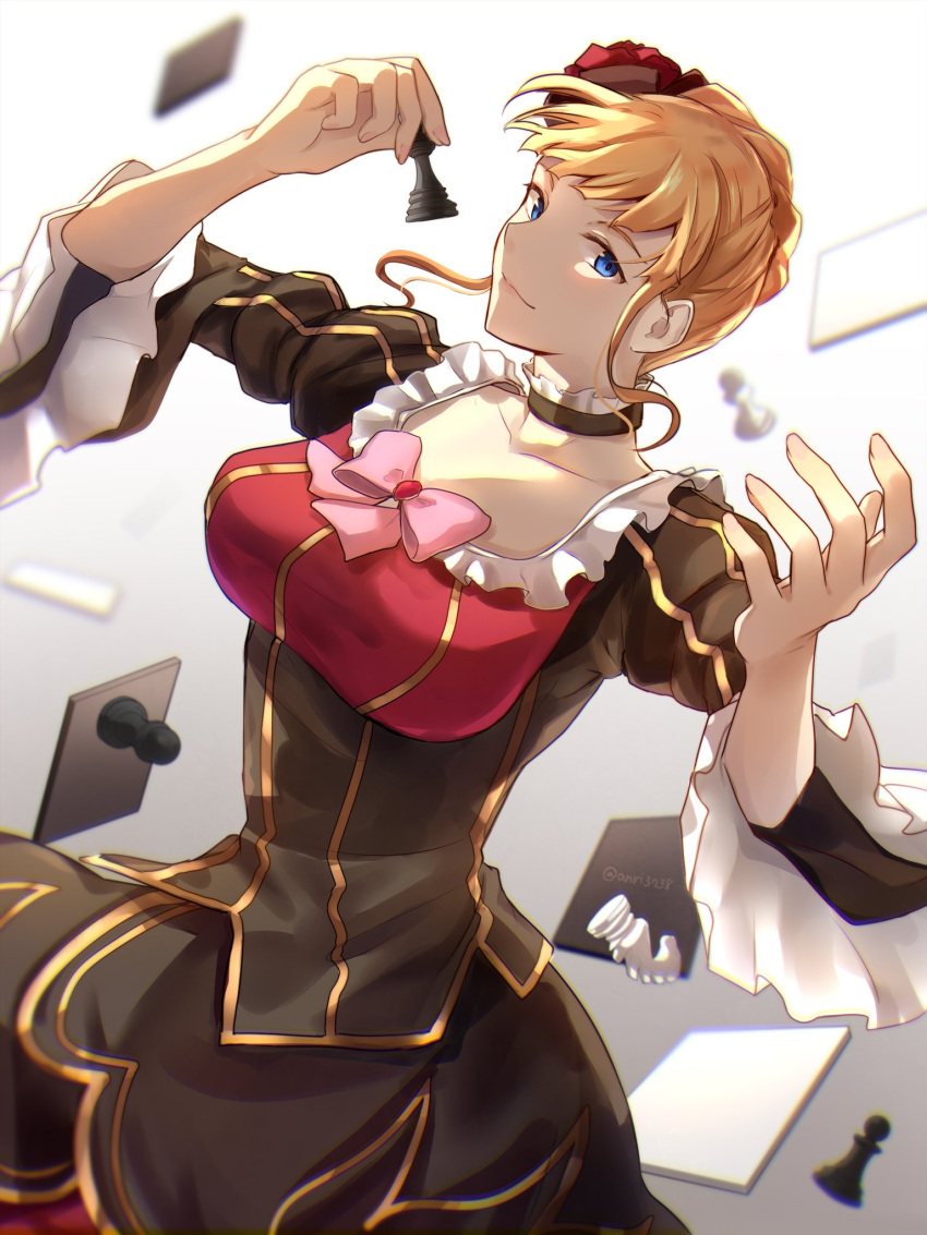 1girl, anri_mike, beatrice_(umineko), blonde_hair, blue_eyes, bow, braid, braided_bun