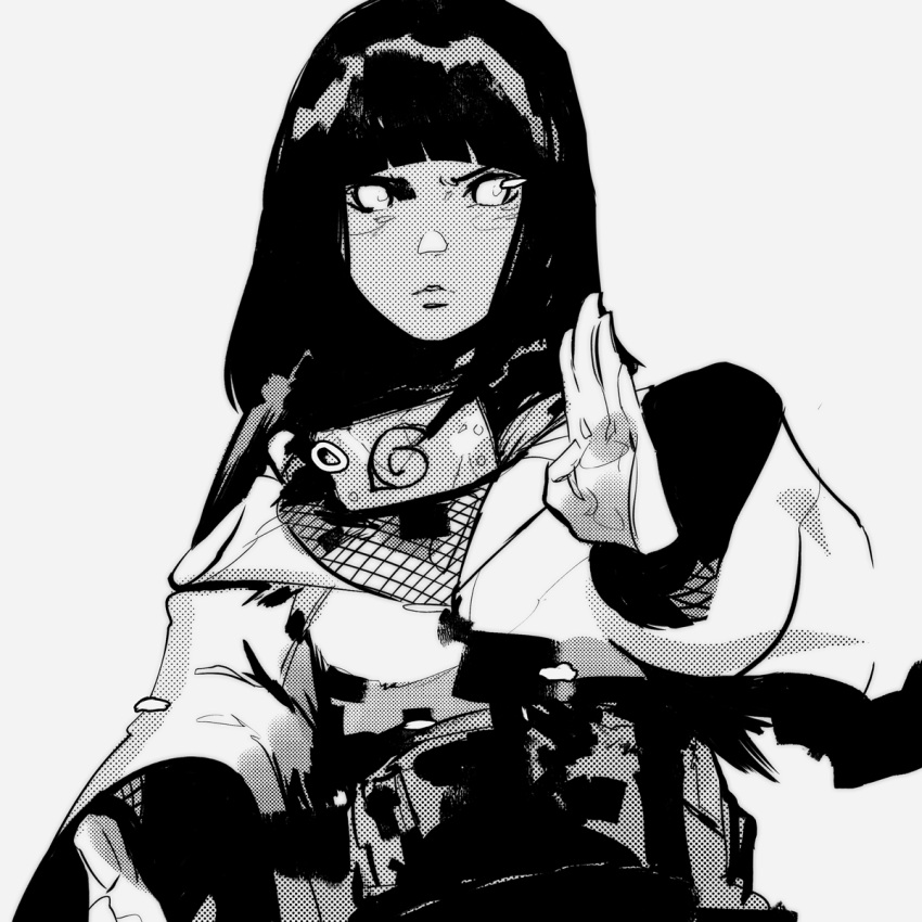 1girl, bangs, black_hair, blunt_bangs, commentary_request, felipe_magana, forehead_protector, greyscale