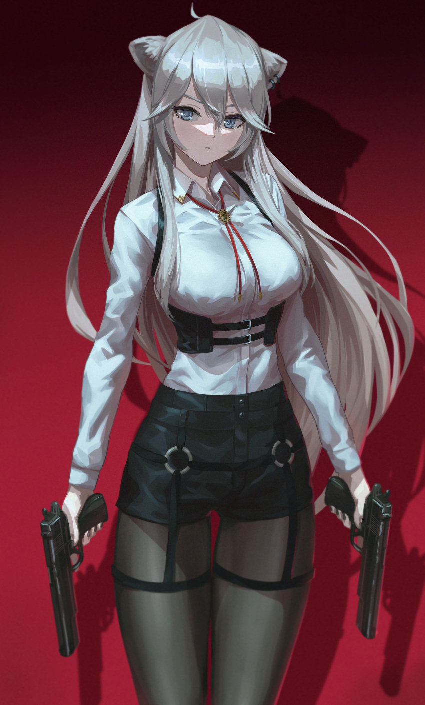 1girl, absurdres, ahoge, animal_ears, bangs, black_legwear, black_shorts, breasts
