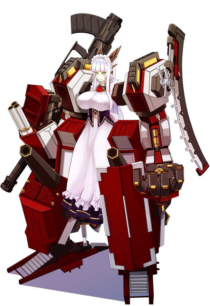 1girl, amino_dopple, apron, ascot, breasts, closed_mouth, dress, exoskeleton