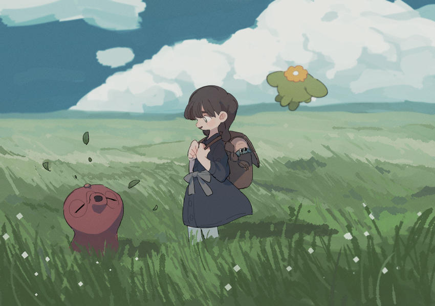 1girl, alternate_hairstyle, backpack, bag, bangs, black_dress, braid, braided_ponytail