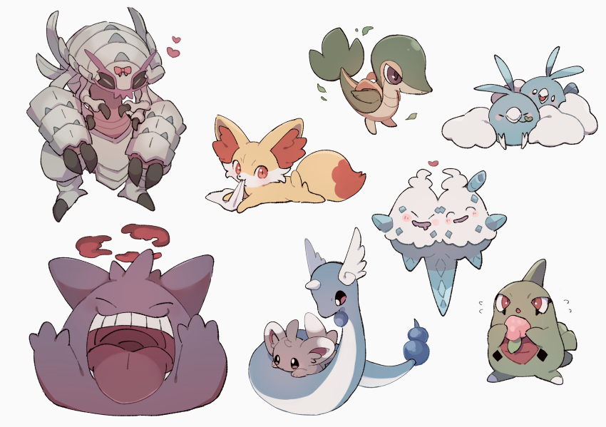 berry_(pokemon), blush, closed_eyes, commentary_request, dragonair, fennekin, flying_sweatdrops, gen_1_pokemon