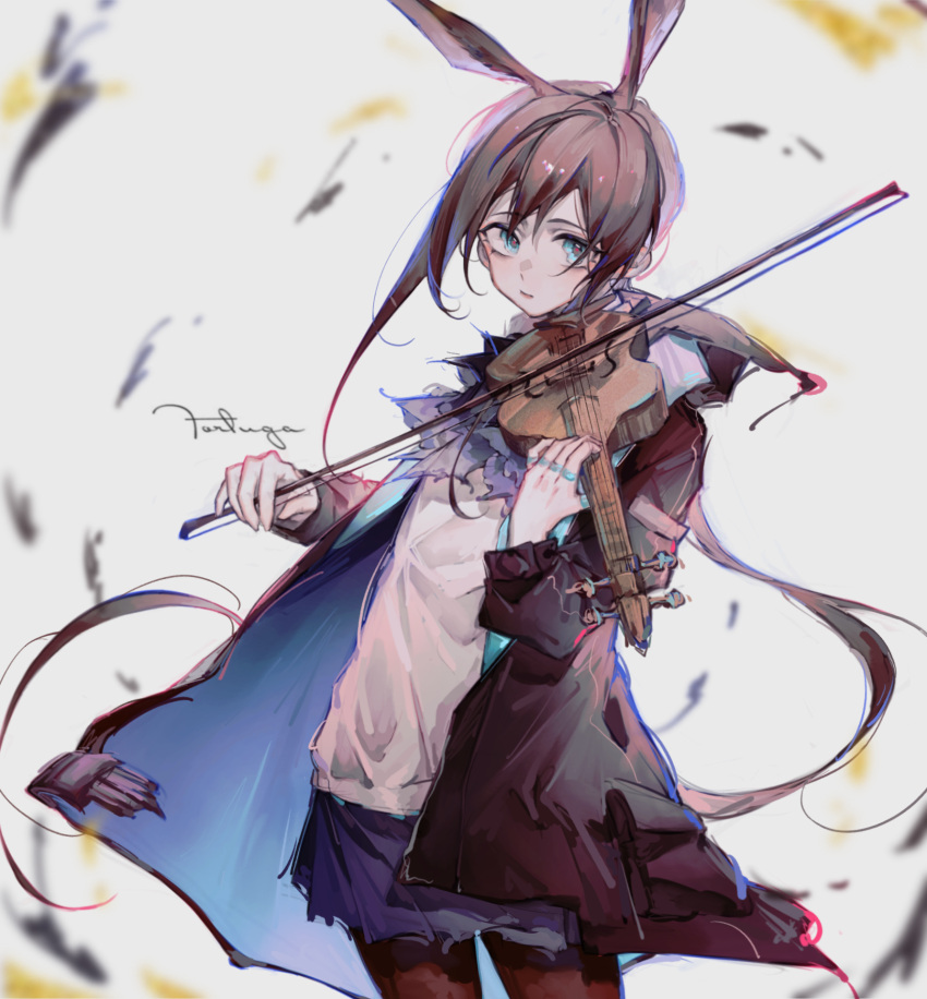 1girl, amiya_(arknights), animal_ears, arknights, ascot, black_jacket, black_legwear, blue_eyes, blue_neckwear, blue_skirt, bow_(instrument), brown_hair, commentary, cowboy_shot, extra_ears, highres, holding, holding_instrument, hood, hood_down, instrument, jacket, jewelry, long_hair, looking_at_viewer, multiple_rings, open_clothes, open_jacket, pantyhose, rabbit_ears, ring, shiguilinga, shirt, skirt, solo, symbol-only_commentary, violin, white_shirt
