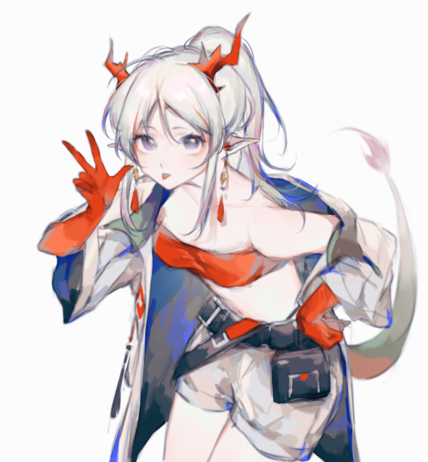 1girl, arknights, belt, black_belt, chinese_commentary, colored_skin, commentary_request, cowboy_shot