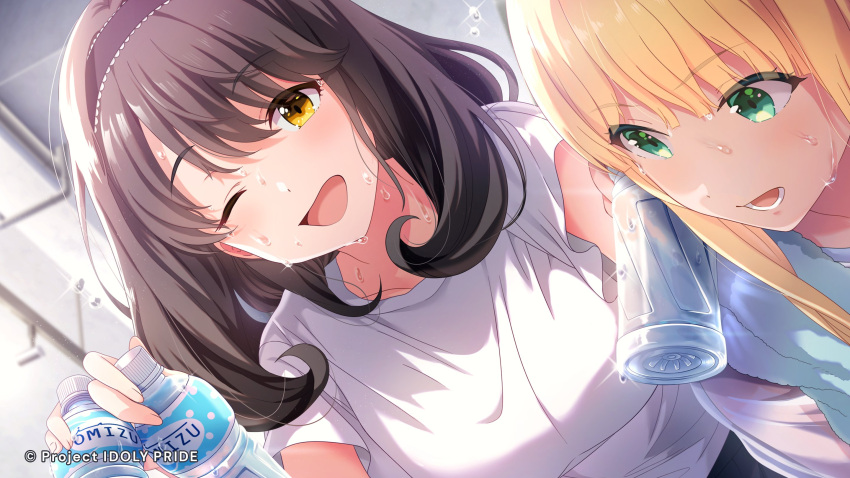 2girls, bangs, blonde_hair, bottle, brown_hair, ceiling, curly_hair, cygames