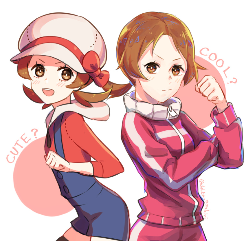1girl, :d, blue_overalls, blush, bow, brown_eyes, brown_hair, cabbie_hat